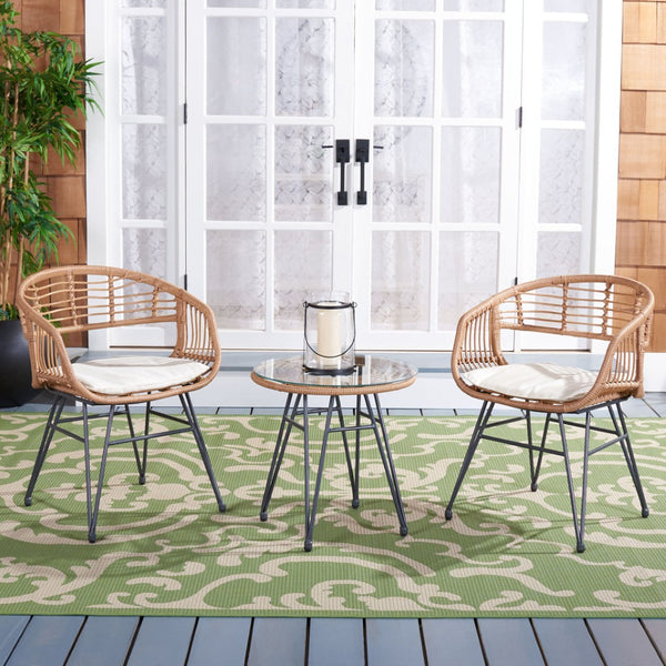 Safavieh FERLA 3-Piece Lounger Set - Mid-Century Modern Outdoor Seating with Plush Cushions & Glass Table Natural / Beige PAT9014A