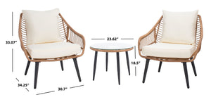 Safavieh WARLEN 3-Piece Lounger Set - Natural Woven Rattan with Beige Cushions for Stylish Outdoor Relaxation PAT9016A