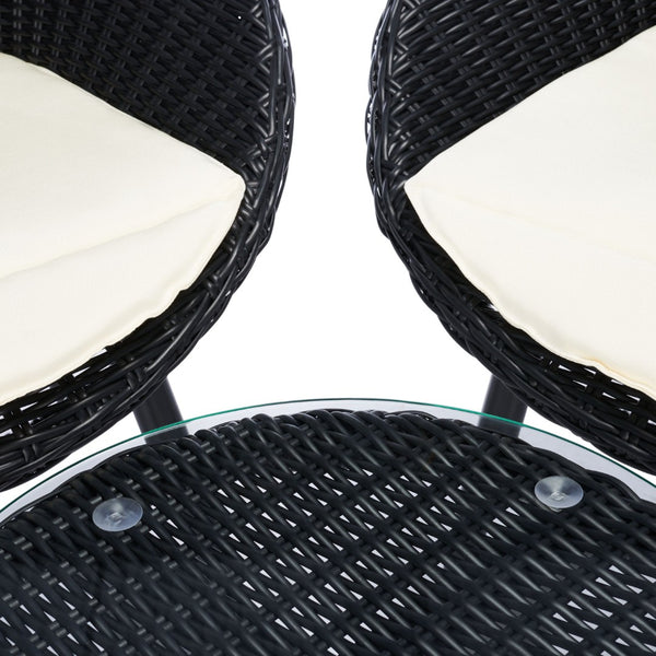 Safavieh MERAMI 3-Piece Outdoor Lounger Set - Mid-Century Modern Black Rattan with Beige Cushions for Patios PAT9017A