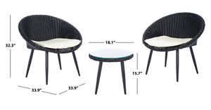 Safavieh MERAMI 3-Piece Outdoor Lounger Set - Mid-Century Modern Black Rattan with Beige Cushions for Patios PAT9017A