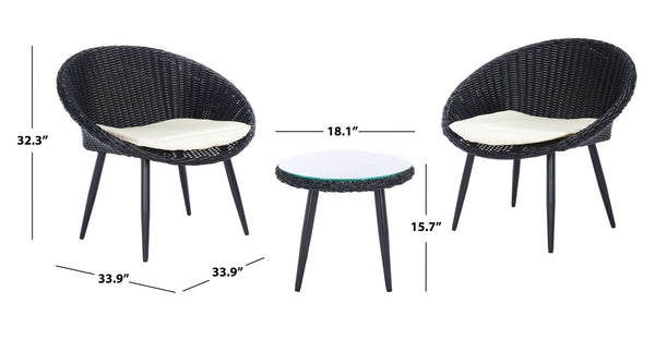 Safavieh MERAMI 3-Piece Outdoor Lounger Set - Mid-Century Modern Black Rattan with Beige Cushions for Patios PAT9017A