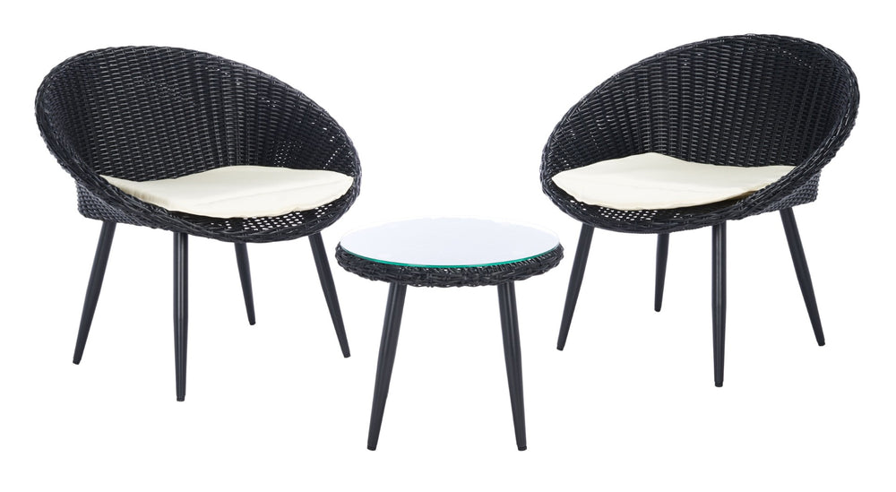 Safavieh MERAMI 3-Piece Outdoor Lounger Set - Mid-Century Modern Black Rattan with Beige Cushions for Patios PAT9017A