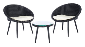 Safavieh MERAMI 3-Piece Outdoor Lounger Set - Mid-Century Modern Black Rattan with Beige Cushions for Patios PAT9017A
