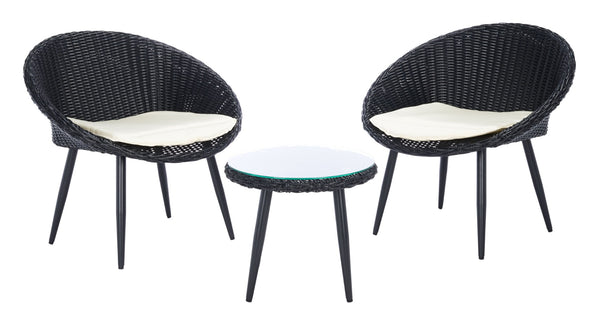 Safavieh MERAMI 3-Piece Outdoor Lounger Set - Mid-Century Modern Black Rattan with Beige Cushions for Patios PAT9017A