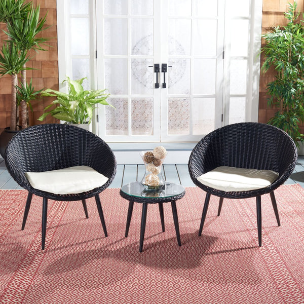Safavieh MERAMI 3-Piece Outdoor Lounger Set - Mid-Century Modern Black Rattan with Beige Cushions for Patios PAT9017A