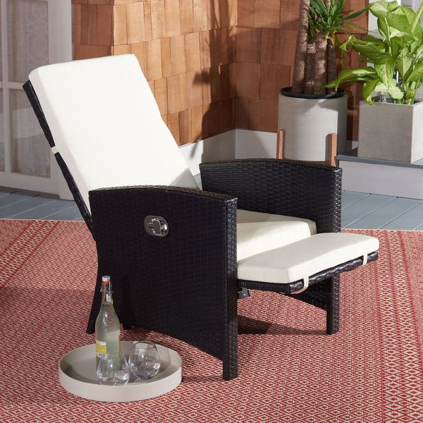 Safavieh HERDLA Recliner Chair – Stylish Black Rattan with Beige Cushions for Luxury Outdoor Comfort & Relaxation PAT9021A
