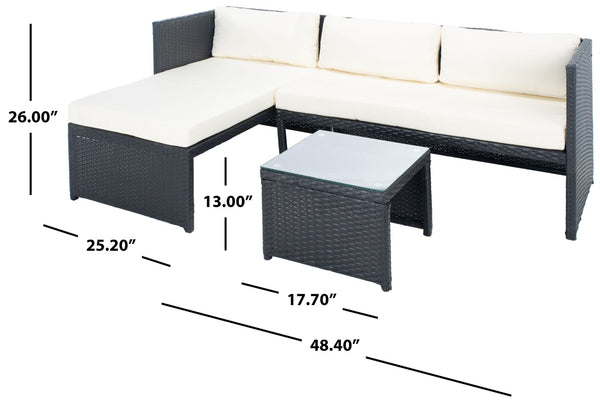 Safavieh BRONSON 3-Piece Coastal Outdoor Sofa Set - Durable Black Rattan, Plush Beige Cushions, Modern Style PAT9022A