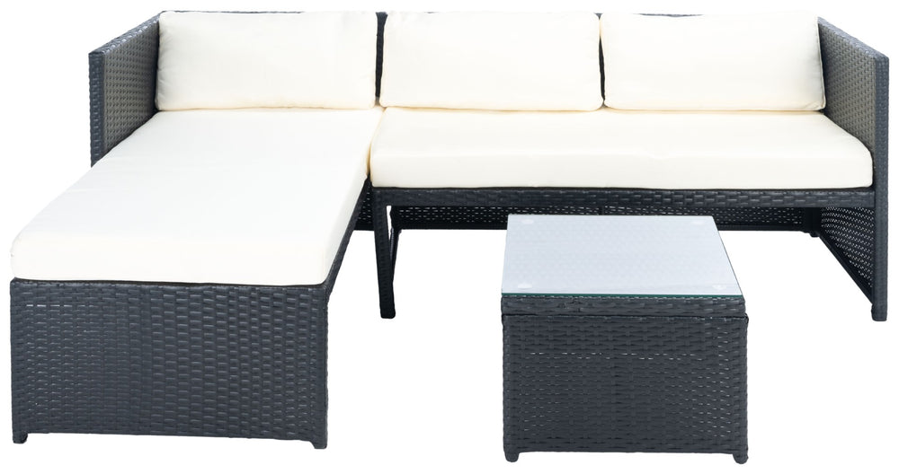 Safavieh BRONSON 3-Piece Coastal Outdoor Sofa Set - Durable Black Rattan, Plush Beige Cushions, Modern Style PAT9022A