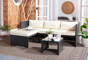 Safavieh BRONSON 3-Piece Coastal Outdoor Sofa Set - Durable Black Rattan, Plush Beige Cushions, Modern Style PAT9022A