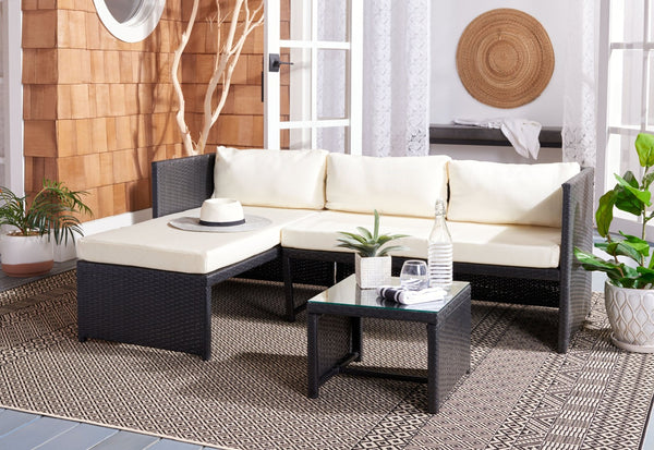 Safavieh BRONSON 3-Piece Coastal Outdoor Sofa Set - Durable Black Rattan, Plush Beige Cushions, Modern Style PAT9022A