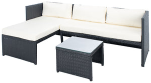 Safavieh BRONSON 3-Piece Coastal Outdoor Sofa Set - Durable Black Rattan, Plush Beige Cushions, Modern Style PAT9022A