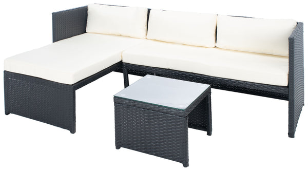 Safavieh BRONSON 3-Piece Coastal Outdoor Sofa Set - Durable Black Rattan, Plush Beige Cushions, Modern Style PAT9022A