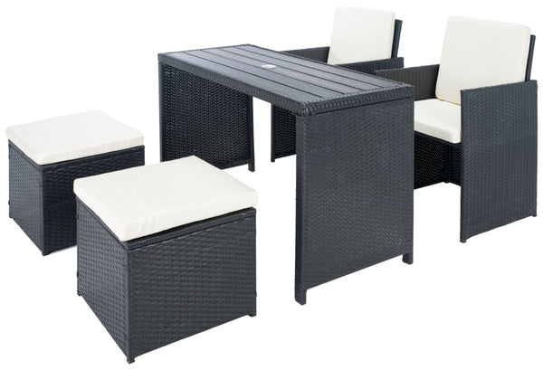 Safavieh DRANDA 5-Piece Outdoor Dining Set - Chic Black Rattan & Plush Beige Cushions for Patio Comfort PAT9023A