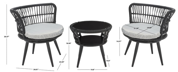 Safavieh KYOMI 3-Piece Outdoor Lounge Set - Modern Black Rope Chairs with Grey Cushions for Cozy Relaxation PAT9032A