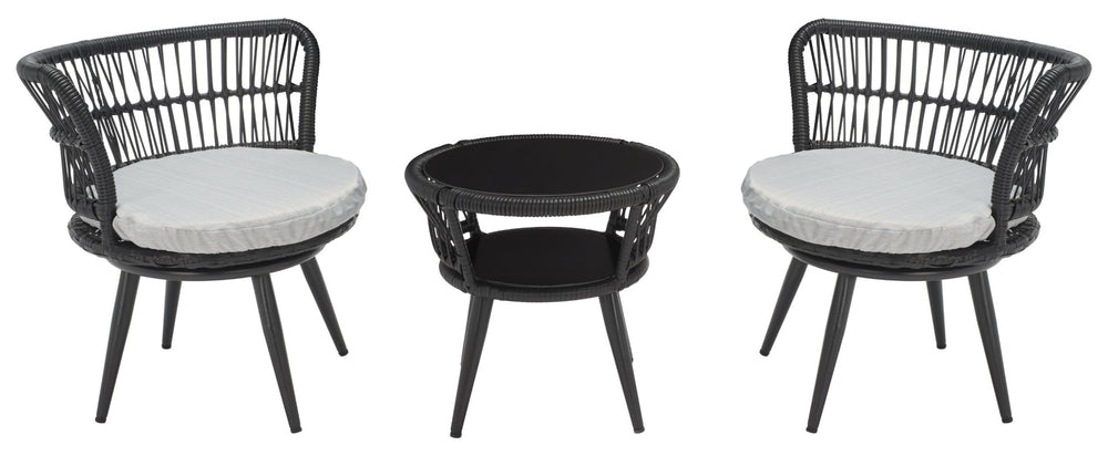 Safavieh KYOMI 3-Piece Outdoor Lounge Set - Modern Black Rope Chairs with Grey Cushions for Cozy Relaxation PAT9032A