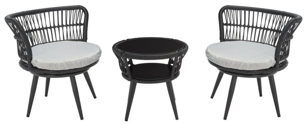 Safavieh KYOMI 3-Piece Outdoor Lounge Set - Modern Black Rope Chairs with Grey Cushions for Cozy Relaxation PAT9032A