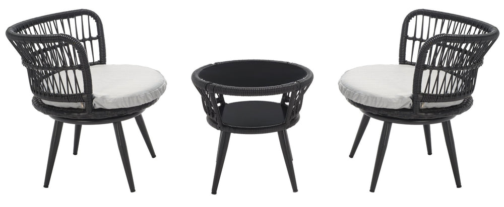 Safavieh KYOMI 3-Piece Outdoor Lounge Set - Modern Black Rope Chairs with Grey Cushions for Cozy Relaxation PAT9032A