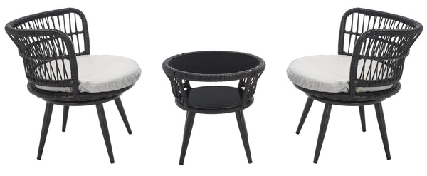 Safavieh KYOMI 3-Piece Outdoor Lounge Set - Modern Black Rope Chairs with Grey Cushions for Cozy Relaxation PAT9032A