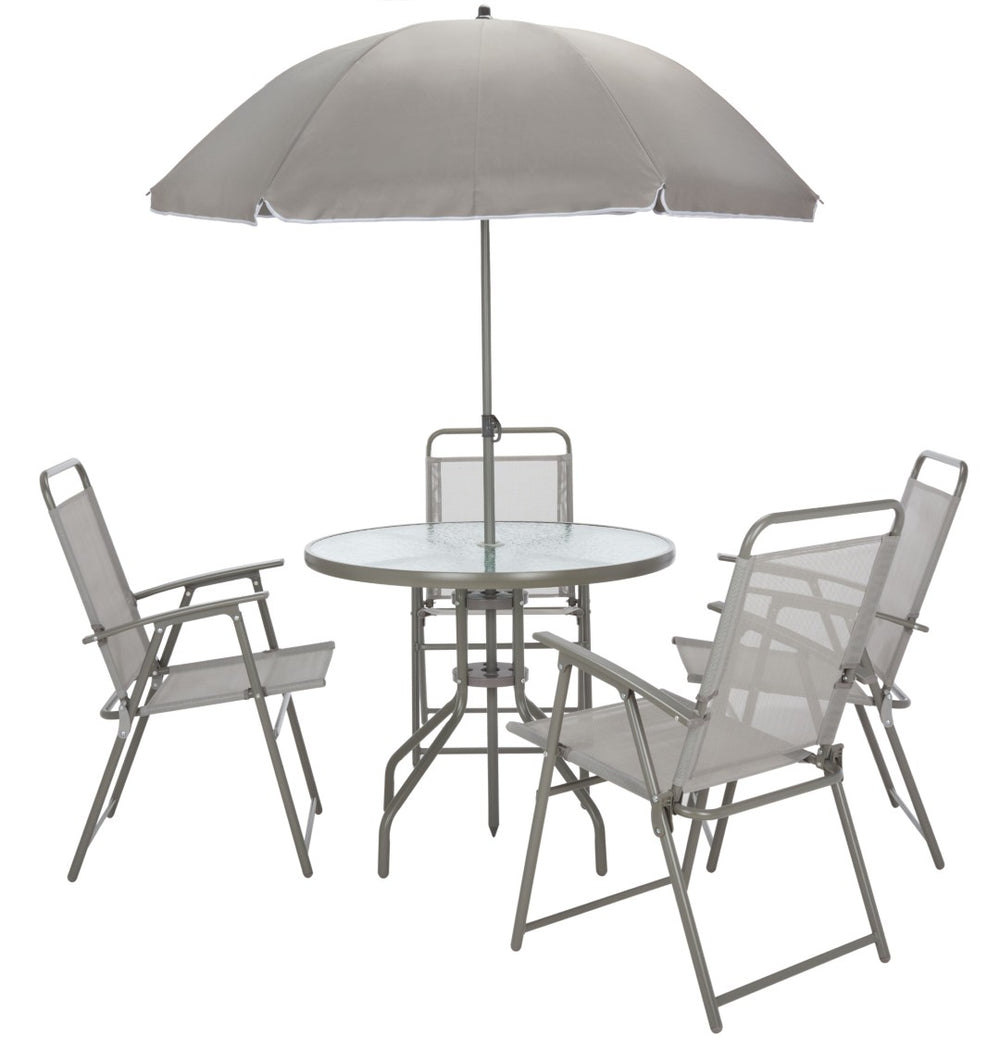 Safavieh MONICO Modern Dining Set with Umbrella, Grey Textiline Chairs & Glass Table for Small Spaces PAT9036A