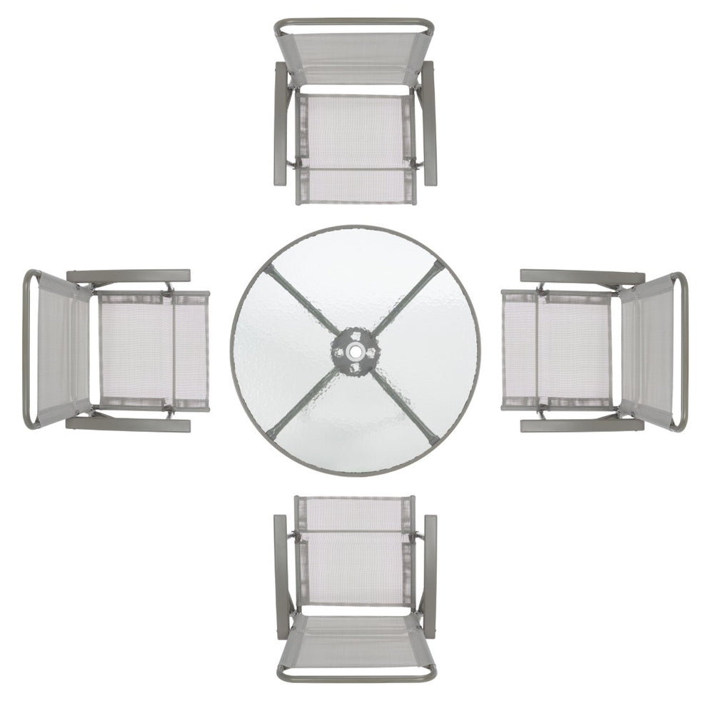 Safavieh MONICO Modern Dining Set with Umbrella, Grey Textiline Chairs & Glass Table for Small Spaces PAT9036A