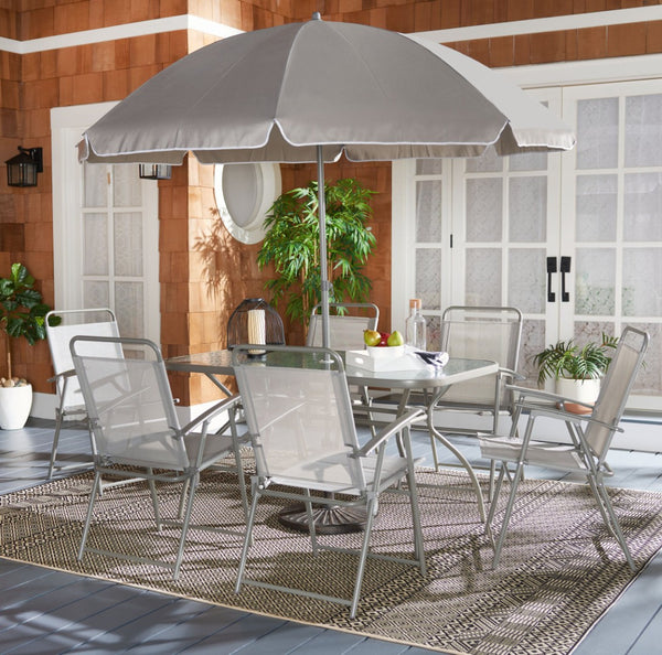 Safavieh LAURENTI Dining Set with Umbrella - Stylish Grey Outdoor Furniture for Relaxed Al Fresco Dining PAT9037A