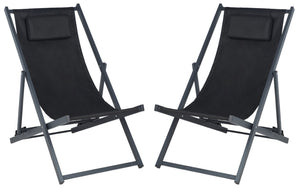 Safavieh CAMLIN Sling Chairs Set of 2 - Stylish Outdoor Loungers with Adjustable Positions and Built-In Headrest Black / Black PAT9039C-SET2