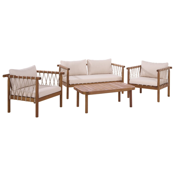 Safavieh Sabrina 4 Pc Set - Elegant Teak & Cream Outdoor Furniture For Stylish Gatherings & Relaxation Teak Brown ,Cream Pat6809a,Set2 ,Pat6810a Pat9518a-kit2