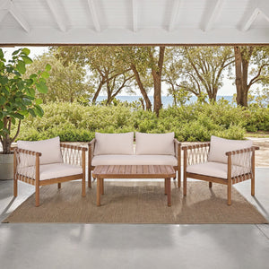 Safavieh Sabrina 4 Pc Set - Elegant Teak & Cream Outdoor Furniture For Stylish Gatherings & Relaxation Teak Brown ,Cream Pat6809a,Set2 ,Pat6810a Pat9518a-kit2