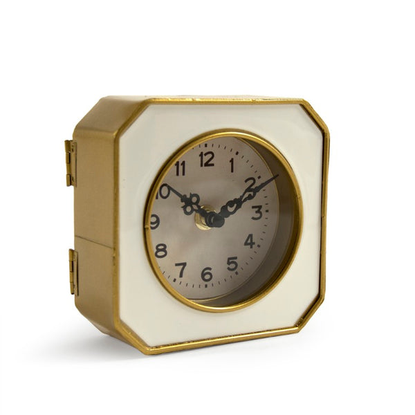 Zentique White White and Gold Clock — Compact 5" Mantel, Desk, Bedside Accent with Pewter Detail, Minimalist Charm PC070