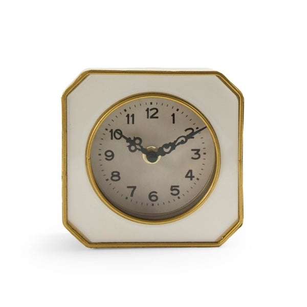 Zentique White White and Gold Clock — Compact 5" Mantel, Desk, Bedside Accent with Pewter Detail, Minimalist Charm PC070