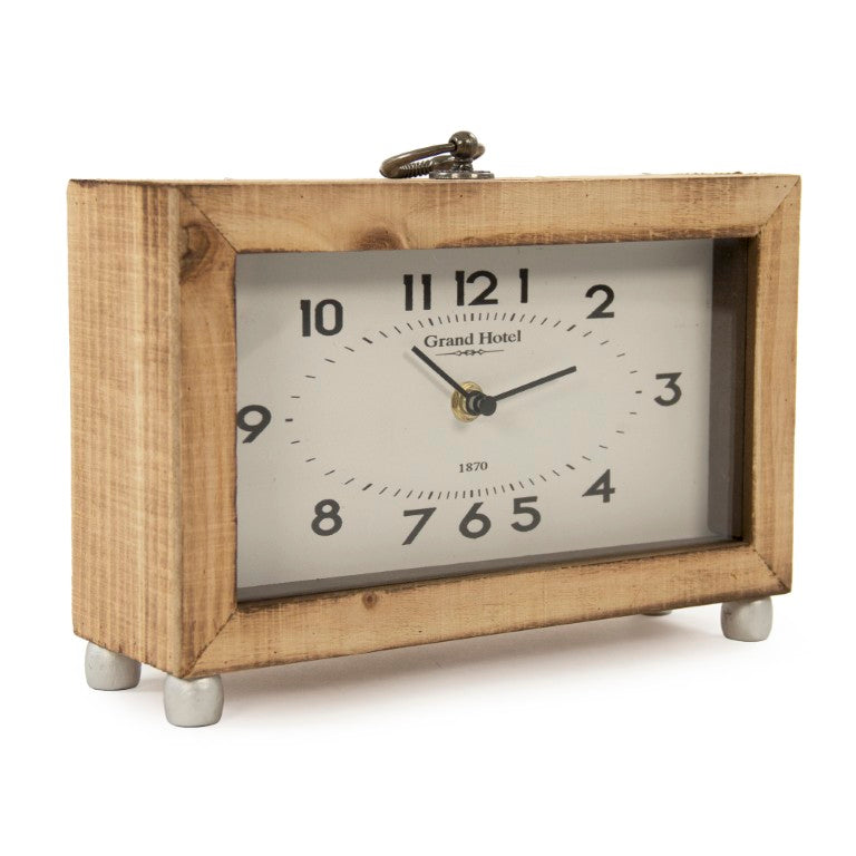 Zentique Wooden Rustic Box Clock with Fir Wood, Iron Accents & Glass Face — Compact Mantel & Desk Timepiece PC077
