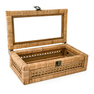 Zentique Rattan Handwoven Storage Box with Glass Insert — Natural Lightweight Organizer for Mail, Bath, Living Room (12"x3.5"x6.75") PC093