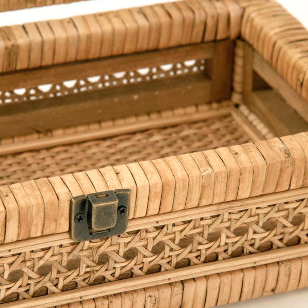 Zentique Rattan Handwoven Storage Box with Glass Insert — Natural Lightweight Organizer for Mail, Bath, Living Room (12"x3.5"x6.75") PC093