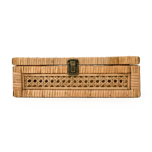 Zentique Rattan Handwoven Storage Box with Glass Insert — Natural Lightweight Organizer for Mail, Bath, Living Room (12"x3.5"x6.75") PC093
