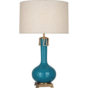 Robert Abbey Peacock Athena Table Lamp Peacock Glazed Ceramic with Aged Brass Accents Open Weave Heather Linen Shade