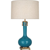 Robert Abbey Peacock Athena Table Lamp Peacock Glazed Ceramic with Aged Brass Accents Open Weave Heather Linen Shade