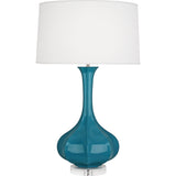 Robert Abbey Peacock Pike Table Lamp Peacock Glazed Ceramic with Lucite Base Pearl Dupoini Fabric Shade