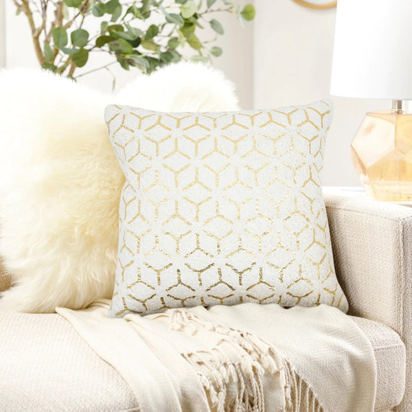 Pasargad Grandcanyon Geometric Gold Foil Cotton Pillow – Chic White Accent For Stylish Living Spaces White Cotton Pch-1631