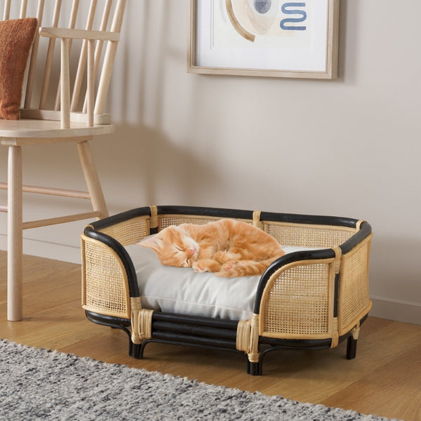 Safavieh TIMO Handwoven Rattan Pet Bed with Cozy Cushion - Beige & Natural Design for Small Dogs & Cats PET1800A