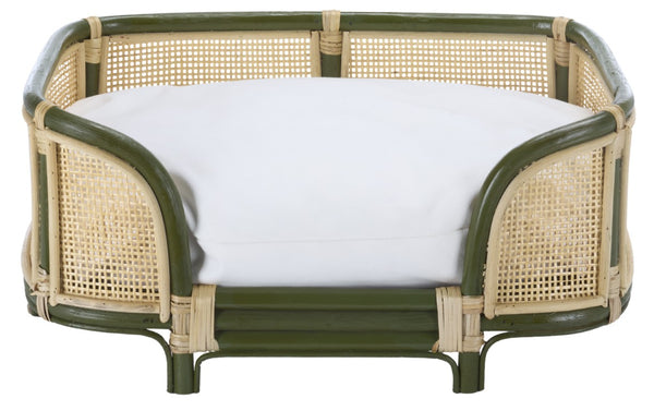 Safavieh Timo Woven Rattan Pet Bed with Foam Cushion Bohemian Organic Style for Home Interiors Olive Green PET1800C
