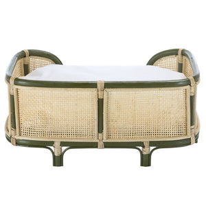 Safavieh Timo Woven Rattan Pet Bed with Foam Cushion Bohemian Organic Style for Home Interiors Olive Green PET1800C