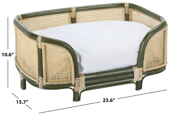 Safavieh Timo Woven Rattan Pet Bed with Foam Cushion Bohemian Organic Style for Home Interiors Olive Green PET1800C