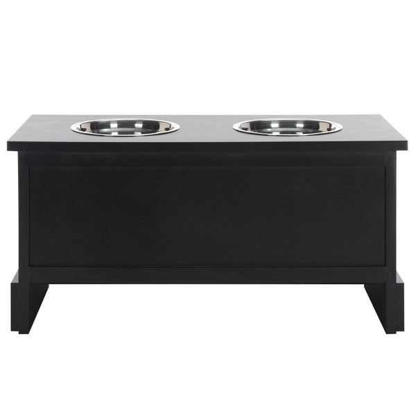 Safavieh Boomer Pet Feeder With Drawer - Elegant Wooden Design For Stylish Dining And Easy Maintenance Matte Black , Wood,Stainless Steel Pet5701b