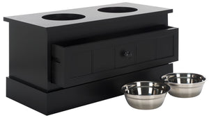 Safavieh Boomer Pet Feeder With Drawer - Elegant Wooden Design For Stylish Dining And Easy Maintenance Matte Black , Wood,Stainless Steel Pet5701b