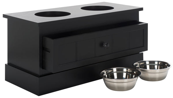 Safavieh Boomer Pet Feeder With Drawer - Elegant Wooden Design For Stylish Dining And Easy Maintenance Matte Black , Wood,Stainless Steel Pet5701b