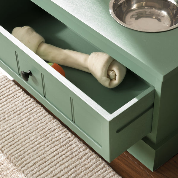 Safavieh Boomer Pet Feeder With Drawer - Elegant Wooden Design For Stylish Dining And Easy Maintenance Sage Green Wood,Stainless Steel Pet5701c