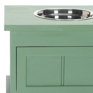 Safavieh Boomer Pet Feeder With Drawer - Elegant Wooden Design For Stylish Dining And Easy Maintenance Sage Green Wood,Stainless Steel Pet5701c