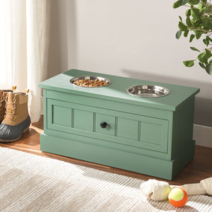 Safavieh Boomer Pet Feeder With Drawer - Elegant Wooden Design For Stylish Dining And Easy Maintenance Sage Green Wood,Stainless Steel Pet5701c