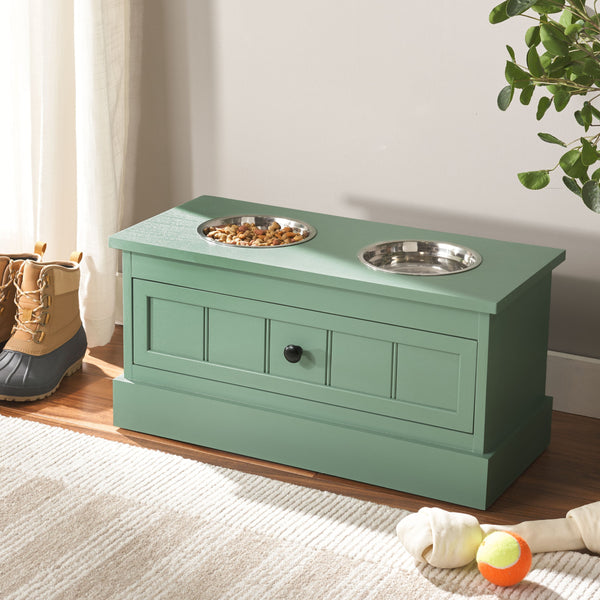 Safavieh Boomer Pet Feeder With Drawer - Elegant Wooden Design For Stylish Dining And Easy Maintenance Sage Green Wood,Stainless Steel Pet5701c