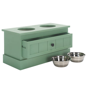 Safavieh Boomer Pet Feeder With Drawer - Elegant Wooden Design For Stylish Dining And Easy Maintenance Sage Green Wood,Stainless Steel Pet5701c